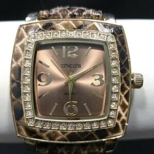Chico's Faux Snake Skin Leather Watch, Clear Rhinestone Frame, 9 Inches